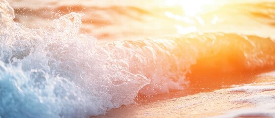 Fototapeta premium Sunlight streaming through a crystal clear wave as it crashes on a sandy beach, highlighting the natural energy of the ocean