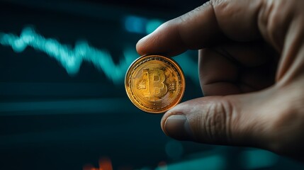Grasping a coin representing tech stocks with real-time stock market lines behind
