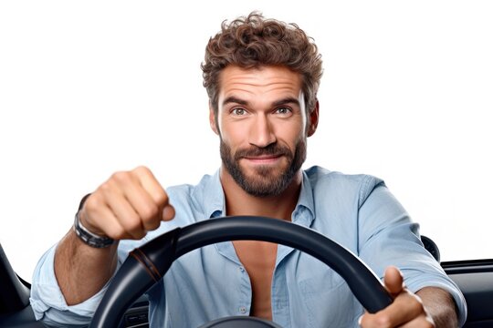 Men look camera hold steering wheel driving car vehicle adult men.