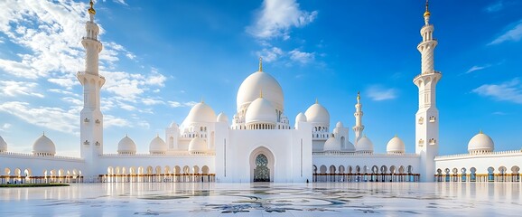 Grand white mosque with tall minarets against a bright blue sky.
