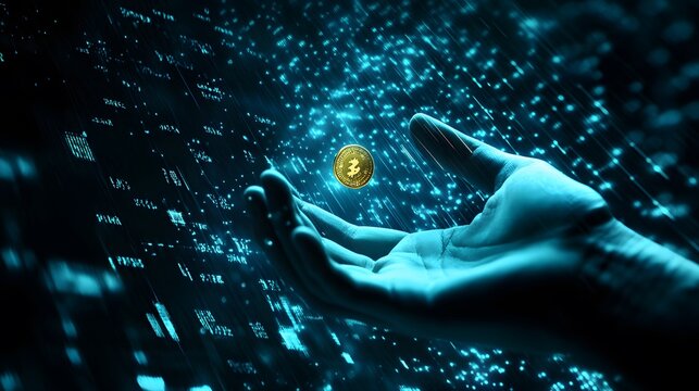 A futuristic hand holding a coin as stock market data moves dynamically in the background