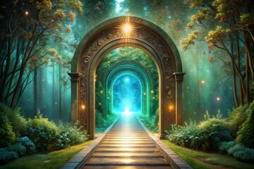 Obraz premium A warm taupe pathway leading to a shimmering turquoise portal, gateway to a new dimension