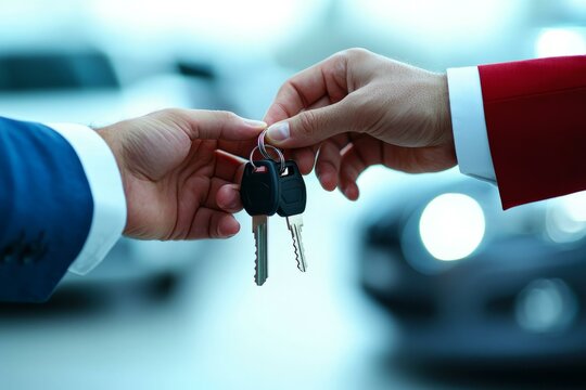 Hand exchanging car keys in a dealership setting with soft focus background.
