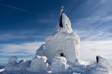 The chapel of Saints Peter and Paul on top of Kaimaktsalan mountain, covered with ice and snow, where a great battle took place in WWI between Serbian and Bulgarian troops