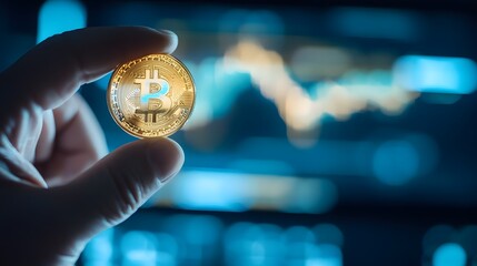Holding a shiny coin representing digital assets with fluctuating stock market lines behind