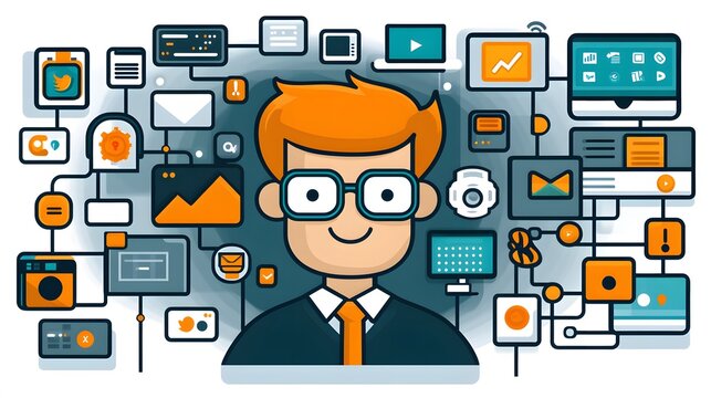 Social media notifications surrounding a busy community manager for Community Manager Day in flat vector style