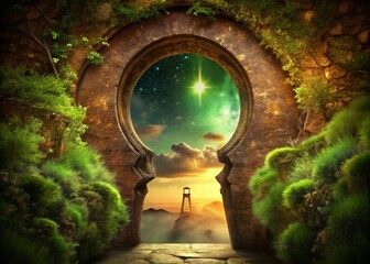 Obraz premium In a world of wonder, a mystical, glowing portal, hidden within a rusted, ancient keyhole, leading to realms of pure imagination, where olive green skies meet cocoa-colored, shimmering horizons.
