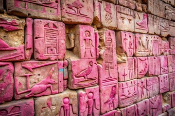 Fototapeta premium Ancient, pink, hieroglyphics, on crumbling, stone walls, hold the secrets of a forgotten civilization