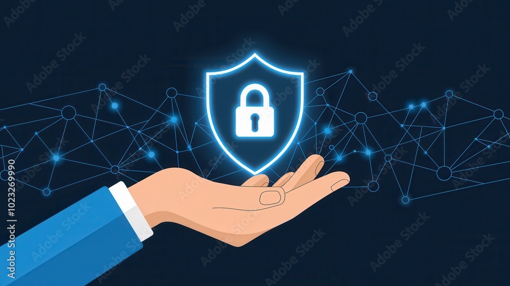 Wall mural hand holding shield with lock symbol, digital security concept, blue background.