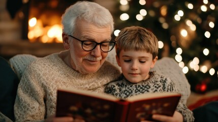 Grandparents Reading a Heartwarming Holiday Story to Their Grandchildren by a Warm Fireplace Capturing a Cherished Tradition and Intimate Family Moment