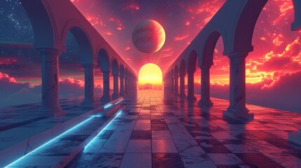 Surreal psychedelic trippy Y2K elements of staircase and portal and column, vector shape. Psychedelic art stairs and podium with planet, ladder and arch in retro surreal illusion Y2K abstract shapes