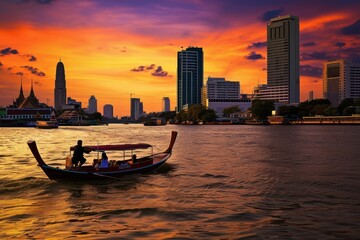 Fototapeta premium Couple on a boat architecture cityscape building.