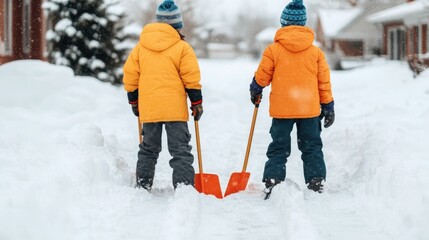 Family Shoveling Snow Together as a Team from Their Driveway During a Snowy Winter Storm Blizzard Working Cooperatively to Clear the Path