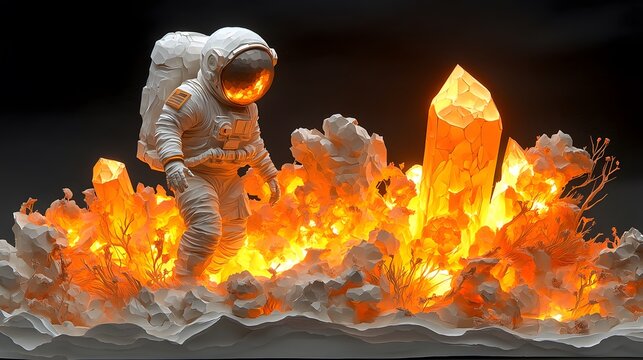 Astronaut exploring an unknown planet with glowing crystals for Science Fiction Day in flat vector and papercut style