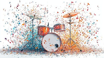 A colorful drum set surrounded by an explosion of vibrant musical notes and confetti, symbolizing the energetic and rhythmic essence of music creation.
