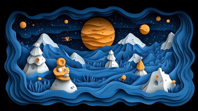 Robots and cyborgs exploring a distant planet for Science Fiction Day in flat vector and papercut style