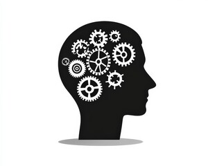 Head With Gears. Business Brain Icon Concept with Wheel and Cogs Silhouette
