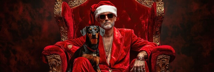 Christmas banner modern, stylish white-haired man dressed in a luxurious Santa suit, seated with dog in a royal red armchair. Space for text for VIP and luxury Christmas celebration themes.