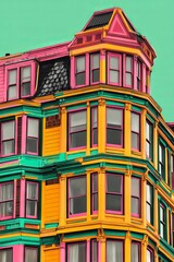 Obraz premium Vibrant yellow building with pink and teal accents.