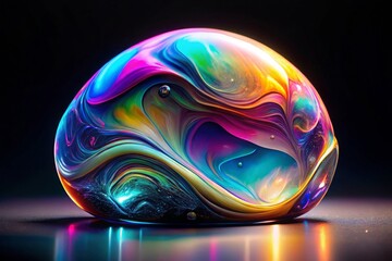 On a black background, a bold holographic liquid blob shape is isolated. An iridescent wavy substance is melted