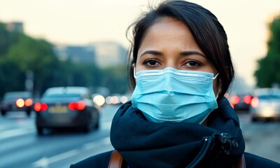 A woman in a blue medical face mask, looking directly at the camera, is standing on a city street with cars driving by in the background. - Powered by Adobe