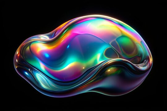 Bold holographic liquid blob shape isolated. iridescent wavy melted substance on black background. 3D Holographic. Illustration