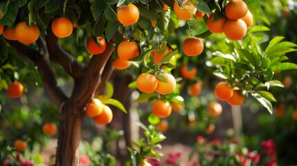 Bountiful Citrus Orchard with Ripe Orange Fruits Hanging on the Tree Branches