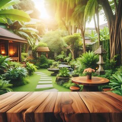 perspective view of empty wooden desk surface infront of natural house