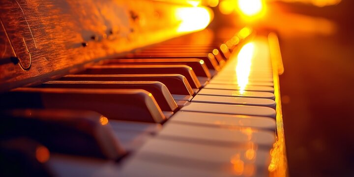 A piano basked in sunset glow, showcasing a warming effect, enhancing emotional depth and musical inspiration.