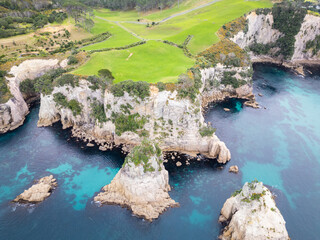 Naklejka premium Coromandel, New Zealand: Aerial view of the dramatic coast of the Coromandel pensinsula near the beach town of Hahei near Whitianga in New Zealand north island.