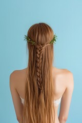 Naklejka premium Elegant Long Hair with Floral Crown Against Blue Background