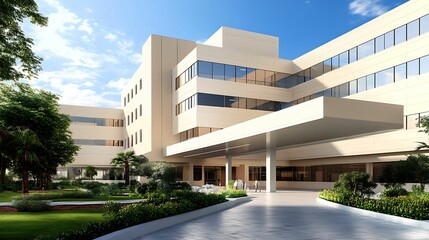 A contemporary hospital building surrounded by a well-maintained garden, showcasing modern architecture and a healing environment.
