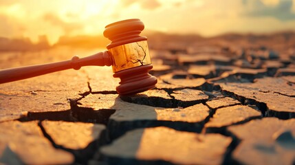 A gavel placed on cracked, dry earth at sunset, representing environmental justice, climate change, and legal responsibility in ecological issues.
