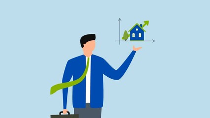 House and property investment, 4k animation of Intelligent entrepreneur with knowledge in real estate showcasing a chart of home prices.