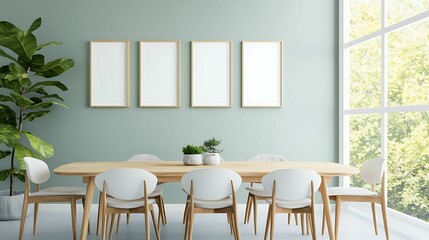 Bright dining room featuring a sleek wooden table, modern chairs, indoor plant, and large windows allowing natural light.