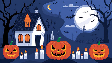 Halloween night with orange pumpkins and a white house in a dark blue forest. 
