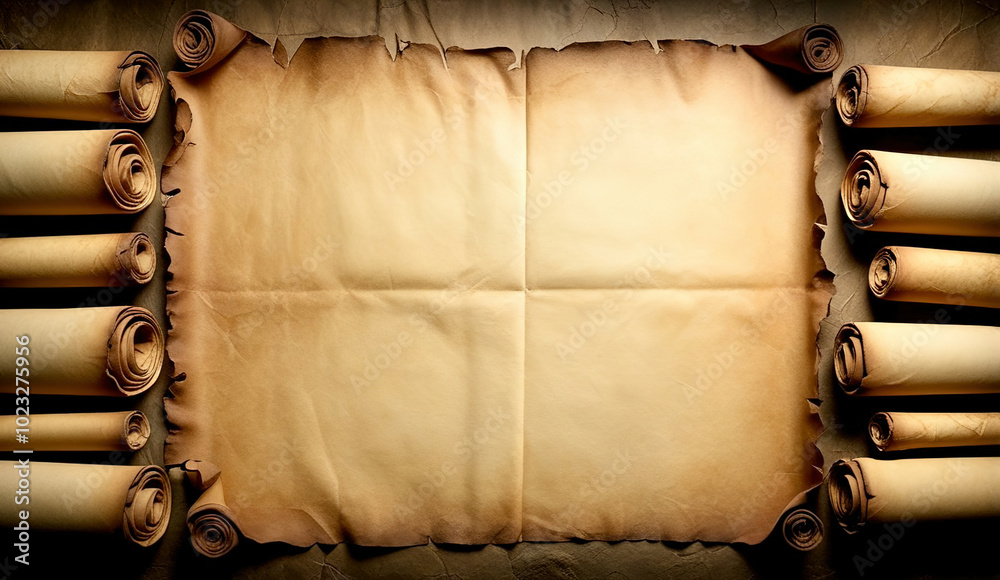 Poster A large sheet of paper with a few rolls of paper on top of it