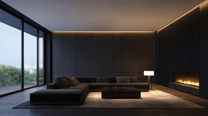 Modern minimalist living room with cozy fireplace and large glass windows overlooking nature