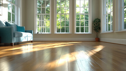 Fototapeta premium Bright and inviting living room with large windows and wooden flooring in a sunny setting