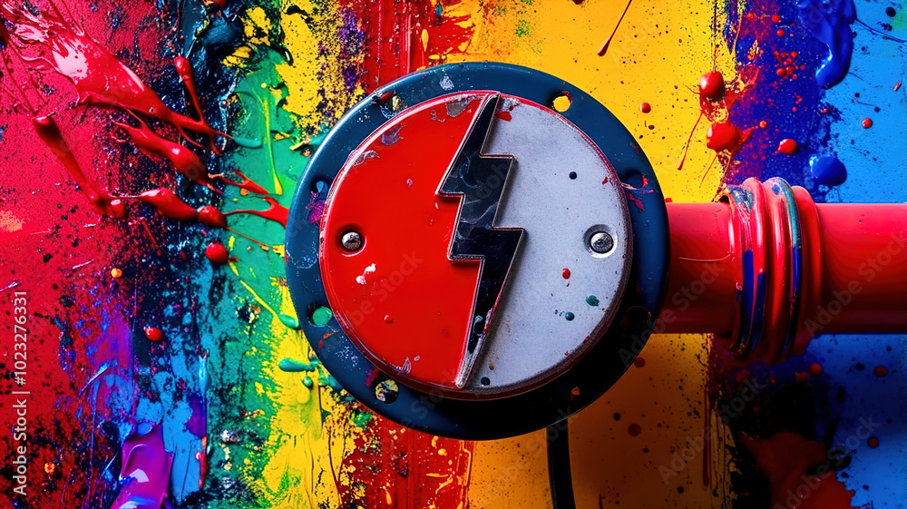 Poster a colorful painting with a red and white lightning bolt on it
