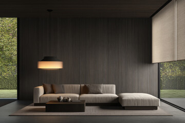 Fototapeta premium Contemporary living room with modern furniture and large windows overlooking greenery