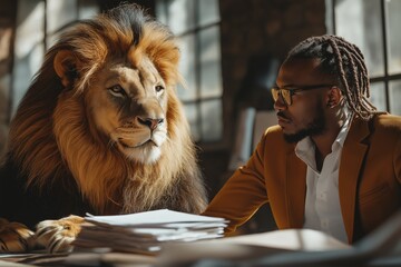 Businessman in orange suit having meeting with lion, discussing documents in modern office, depicting courage, leadership, and power in corporate environment