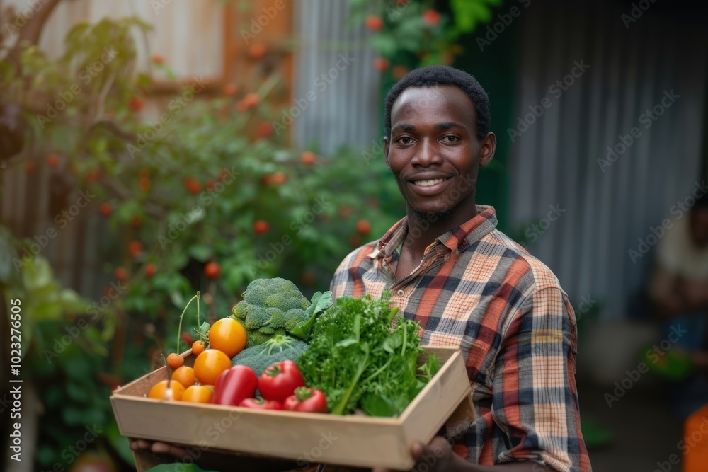 Sticker Young African Man with homemade vegetable box in hands portrait smile adult.