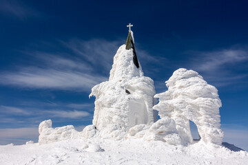 The chapel of Saints Peter and Paul on top of Kaimaktsalan mountain, covered with ice and snow, where a great battle took place in WWI between Serbian and Bulgarian troops
