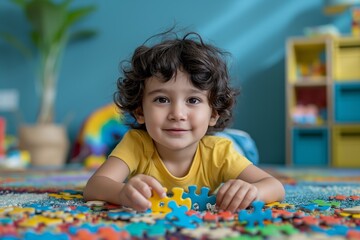 Child playing with colorful puzzle pieces in a vibrant playroom, early childhood education, cognitive development, indoor activity, playbased learning