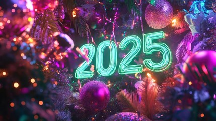 A festive scene with 2025 in neon green lights, surrounded by colorful sparkles and joyful decorations.