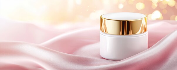 Luxurious pearl white cosmetic jar with gold accents, delicately placed on soft, pink satin fabric, surrounded by subtle light reflections.