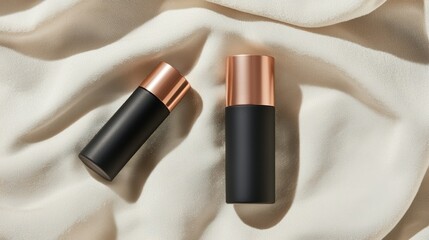 Obraz premium Matte black cosmetic packaging with rose gold accents resting on soft, light beige cashmere fabric, with soft shadows enhancing the scene.