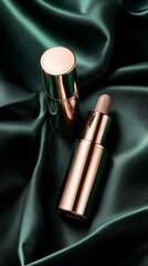 Glossy gold cosmetic bottle and matching packaging, laid on dark green satin fabric, with gentle light bringing out the richness of both materials.