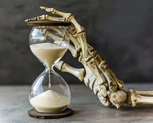 Skeletal Hand Holding Hourglass Symbolizing the Countdown of Life